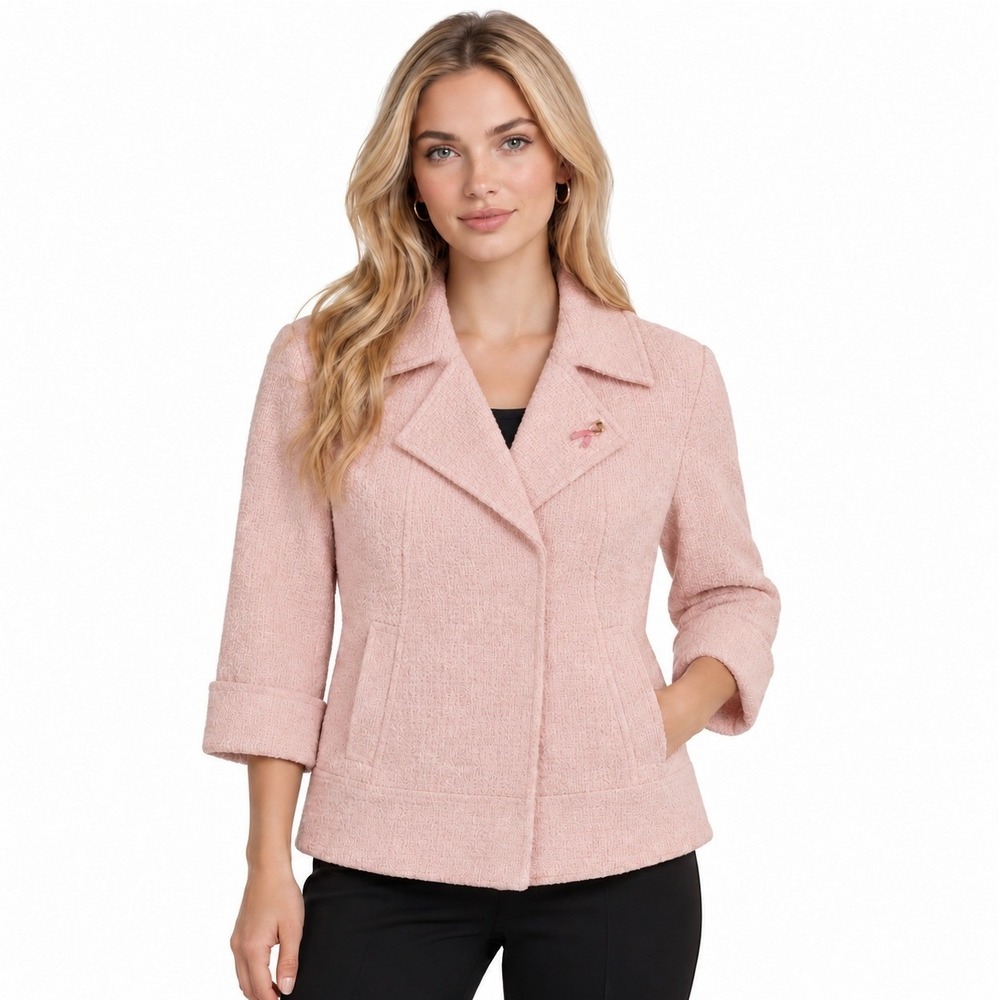 Anne Klein Pink Tweed Blazer Women's Size 8 3/4 Sleeve Snap Jacket Preppy